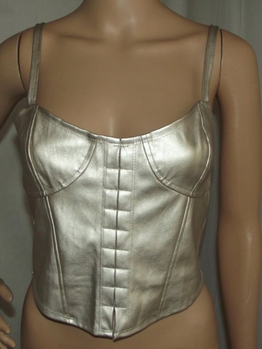 VIVID Corset Top Womens Jr Large gold champagne metallic faux leather crop tank